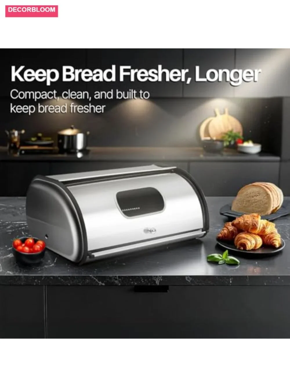 Stainless Steel Airtight Bread Box with Roll Up Lid and Window - 13 Inch
